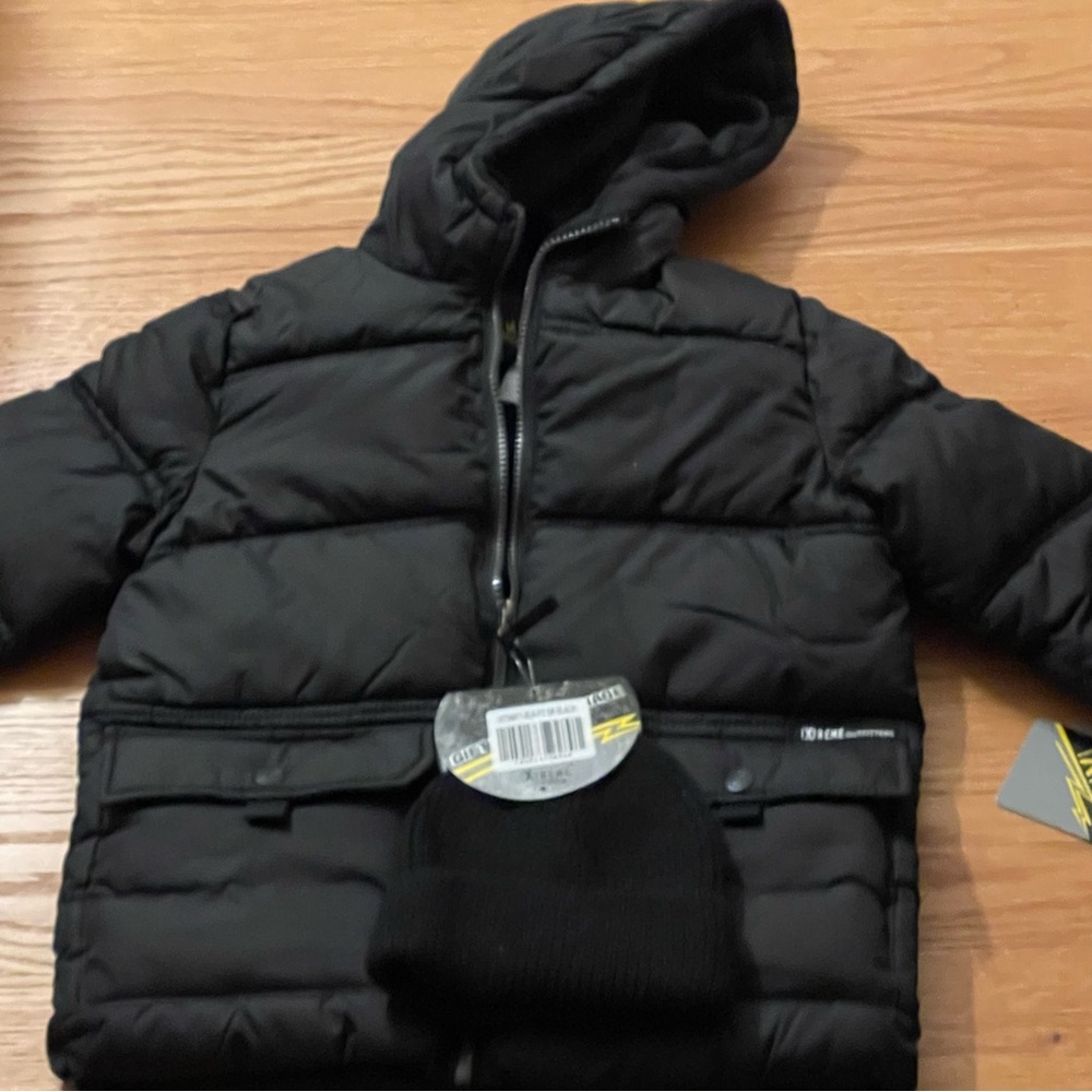 NWT iXTREME Fleece Lined Full Zip Hooded Puffer Jacket With Hat ,Black Size 5/6